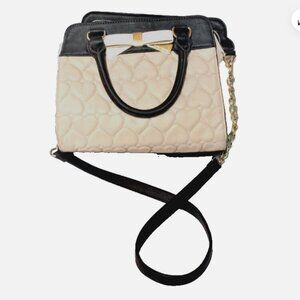 Betsey Johnson Be Mine Cream & Black Leather Satchel Bag Purse Heart Charm